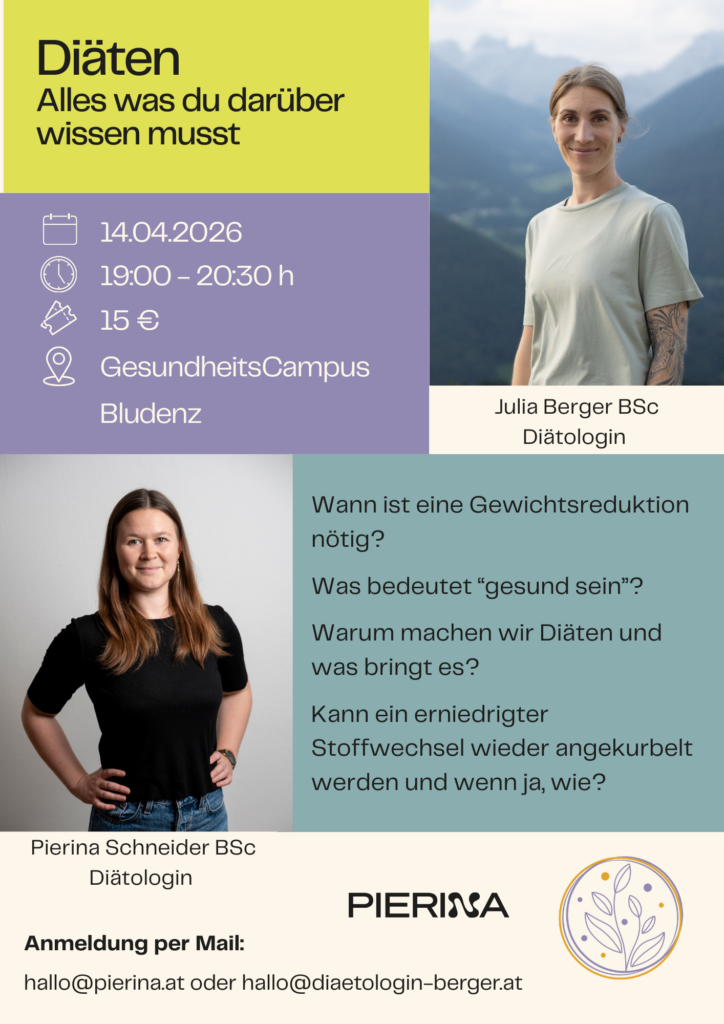 Flyer zum Vortrag vom 14.04.2026 mit dem Thema "Diäten. Alles was du darüber wissen musst".